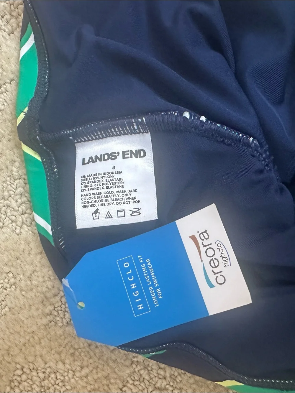 Lands' End Green, Navy & White Striped Swim Top